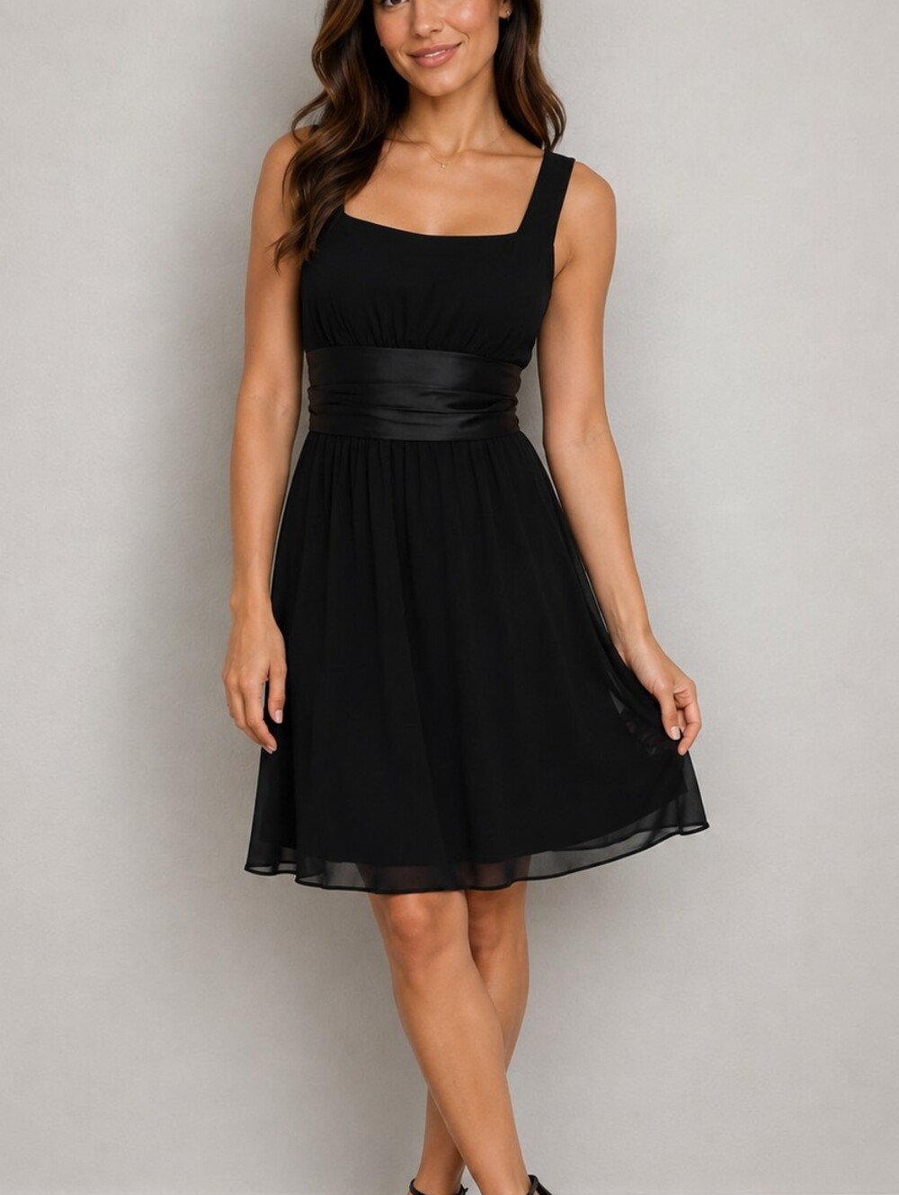 BLU SAGE Black Square Neck Chiffon Satin Tie Back Sleeveless Formal Dress